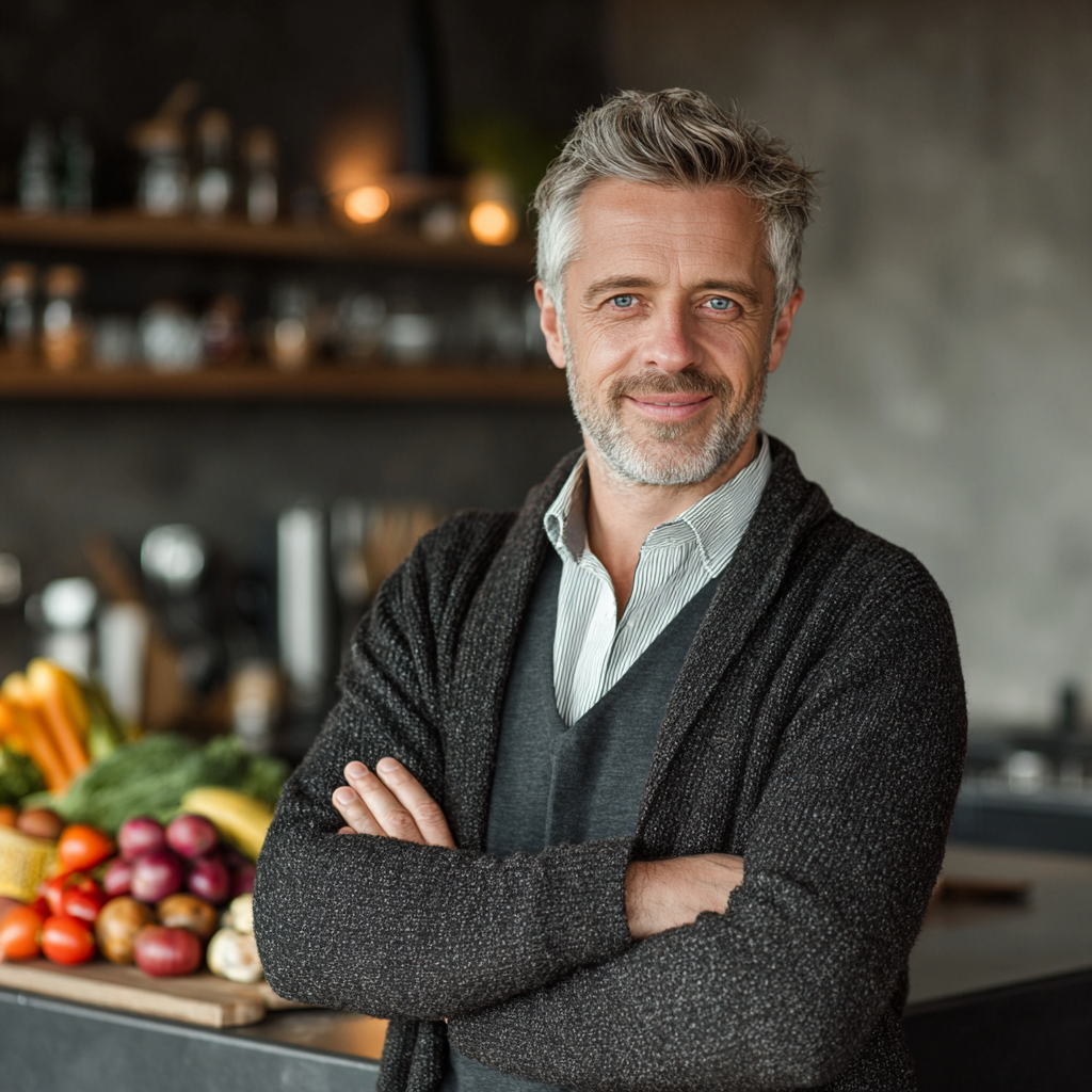 Confident man in his early 50s with slight gray hair wearing business casual attire, standing in modern kitchen with fresh fruits and vegetables displayed on counter, warm natural lighting, professional yet approachable demeanor