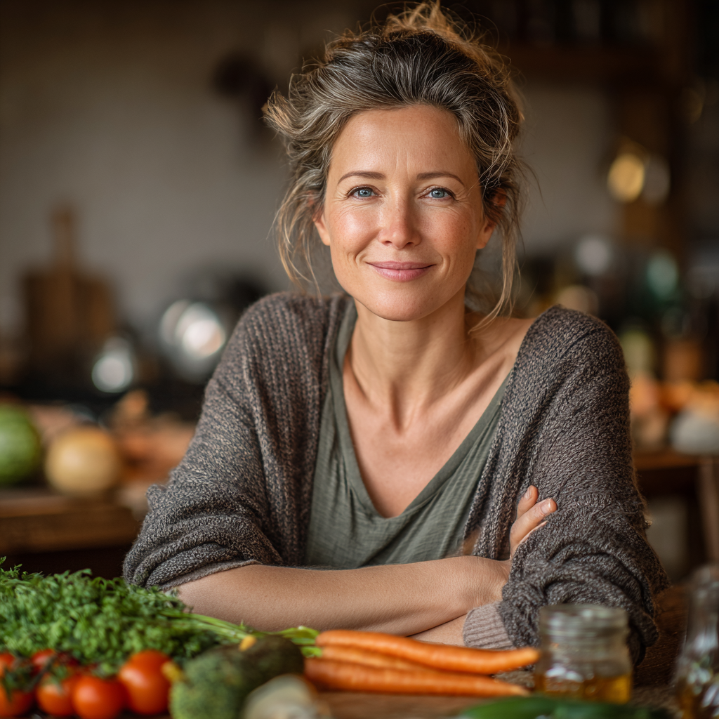 Middle-aged woman in her late 40s with warm smile, sitting at kitchen table with fresh vegetables and healthy meal preparation ingredients around her, wearing casual home attire, natural lighting creating welcoming atmosphere